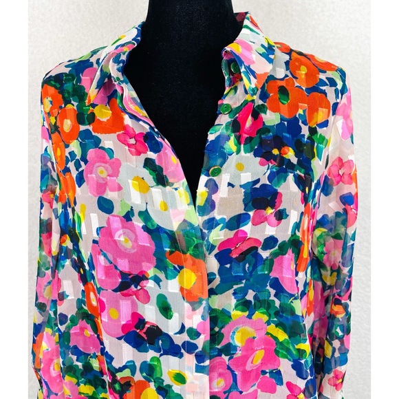 SALONI • Floral Semi-Sheer Long Sleeve Button-Down Shirt - Picture 2 of 16